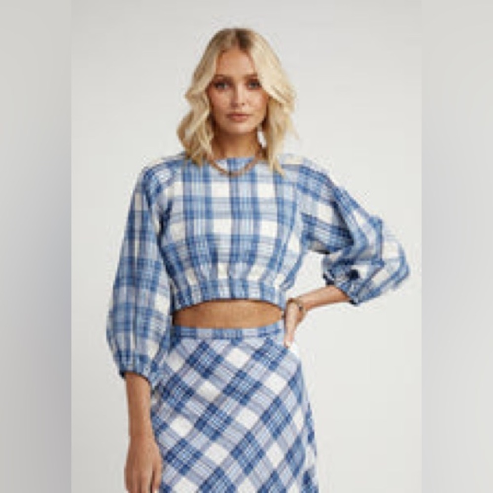 NWOT DISSH AYDEN BLUE PLAID LINEN SLEEVED CROP - 4 / BLUE - Picture 7 of 7